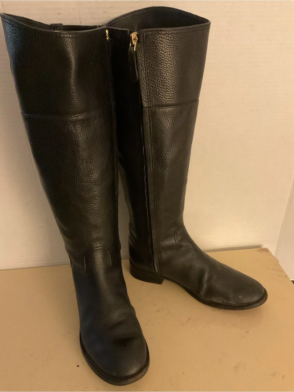 Tory Burch women Black Leather Knee-High Riding Boots with Gold Logo boots US 7